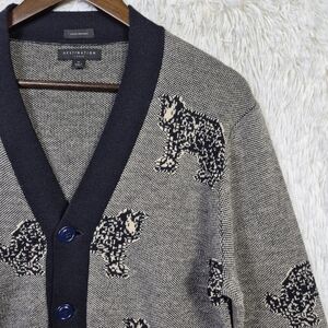 J Crew Destination Dog Print 100% Merino Wool Cardigan Mens M Gray Prep Novelty